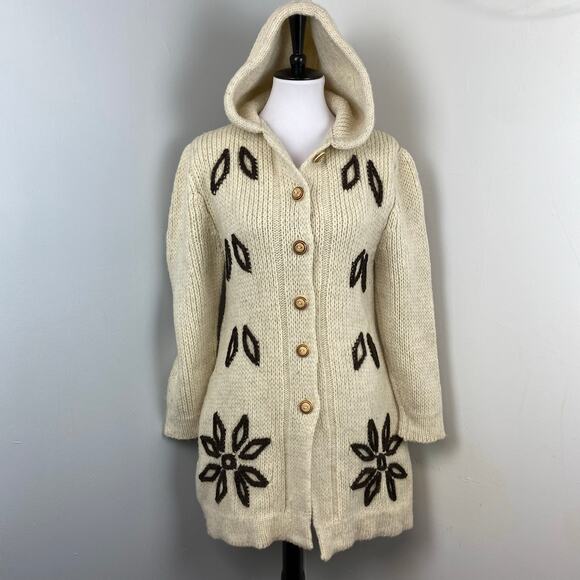 Vintage 70s Handmade Cream Boho Chunky Knit Hooded Cardigan Sweater Jacket